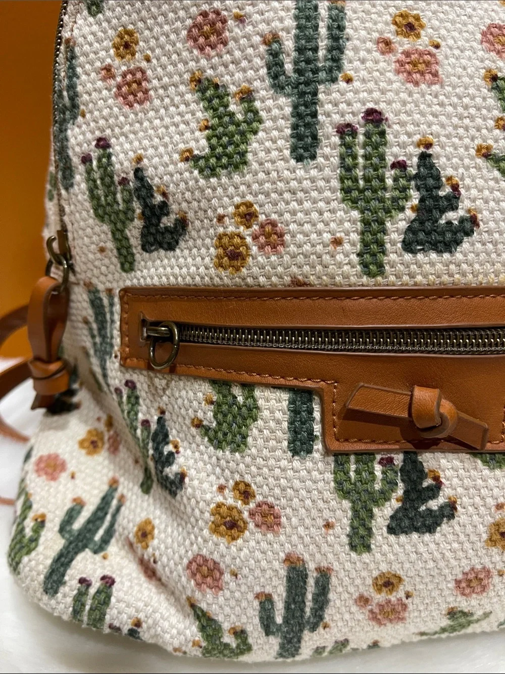 Cactus Print Woven Cotton-blend Mini Backpack - Tan Trim